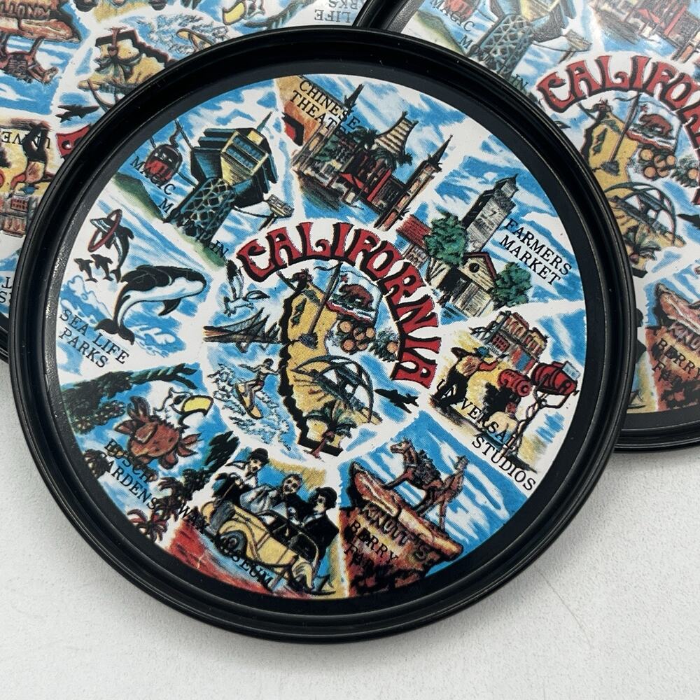 Set 8 California Souvenir Drink Coasters Black Metal MCM Magic Mountain Map 3"